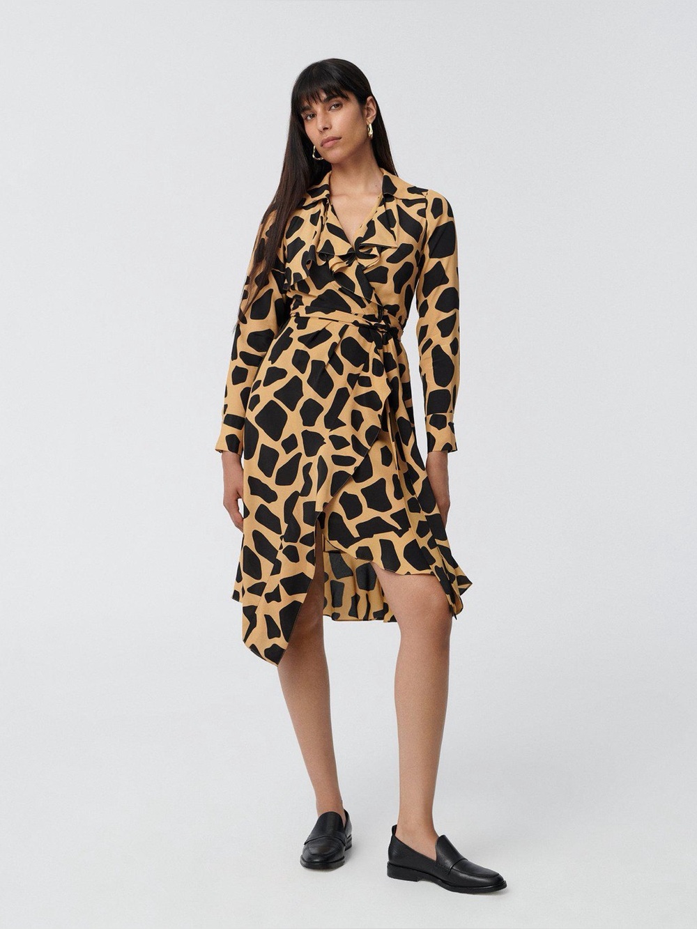 Diane Von Furstenberg Black and Tan Printed Midi Dress in Pure Silk